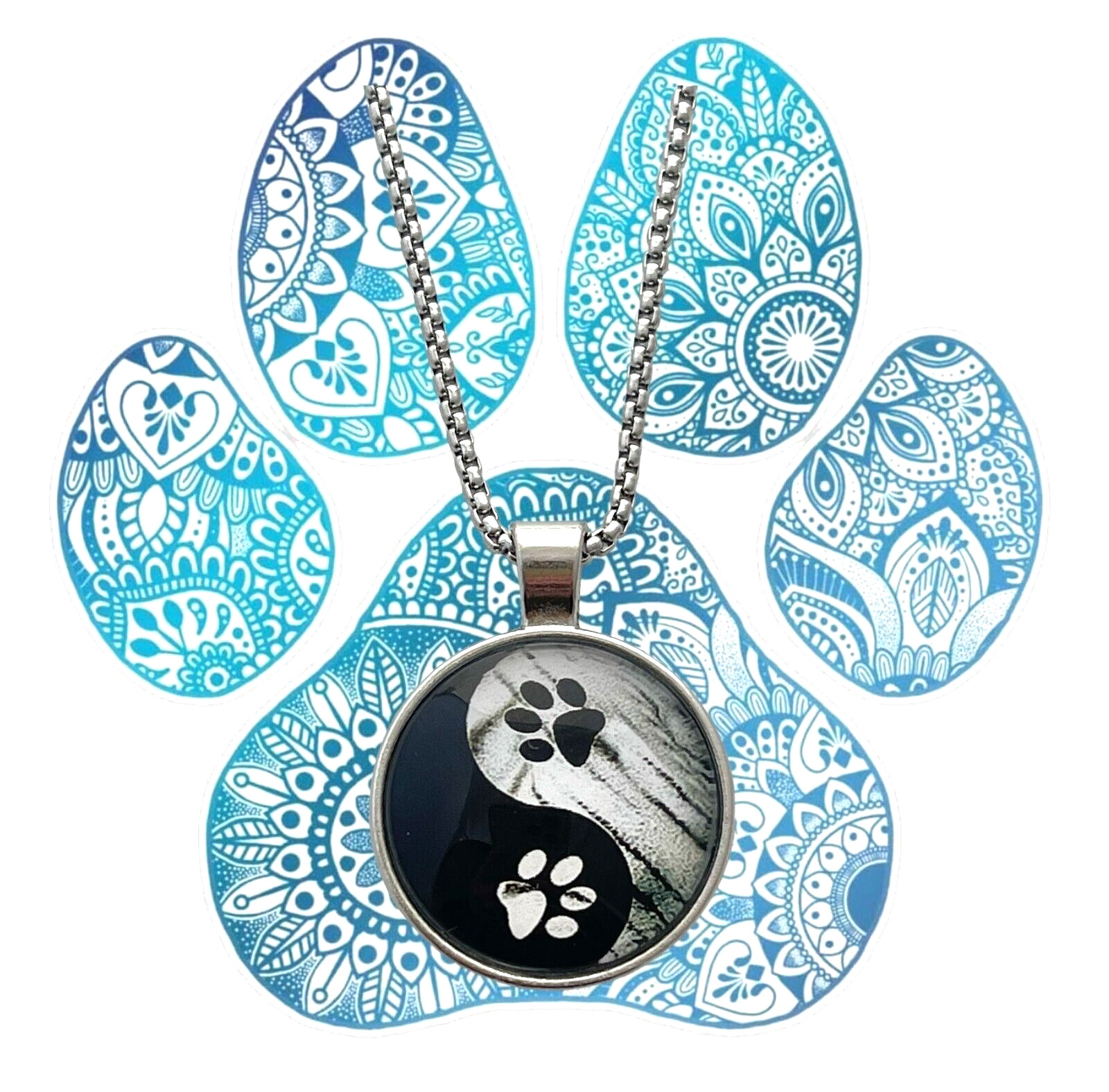 Yin Yang Paw Prints Necklace Glass Cabochon Stainless Steel 24 Inch Link Chain