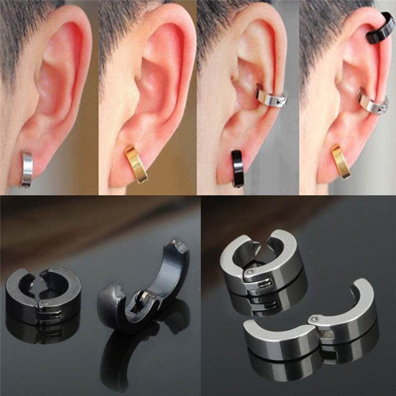 Non-Piercing Clip On Fake Mens Boy Ear Stud Cuff Hoop Earrings Stainless Steel