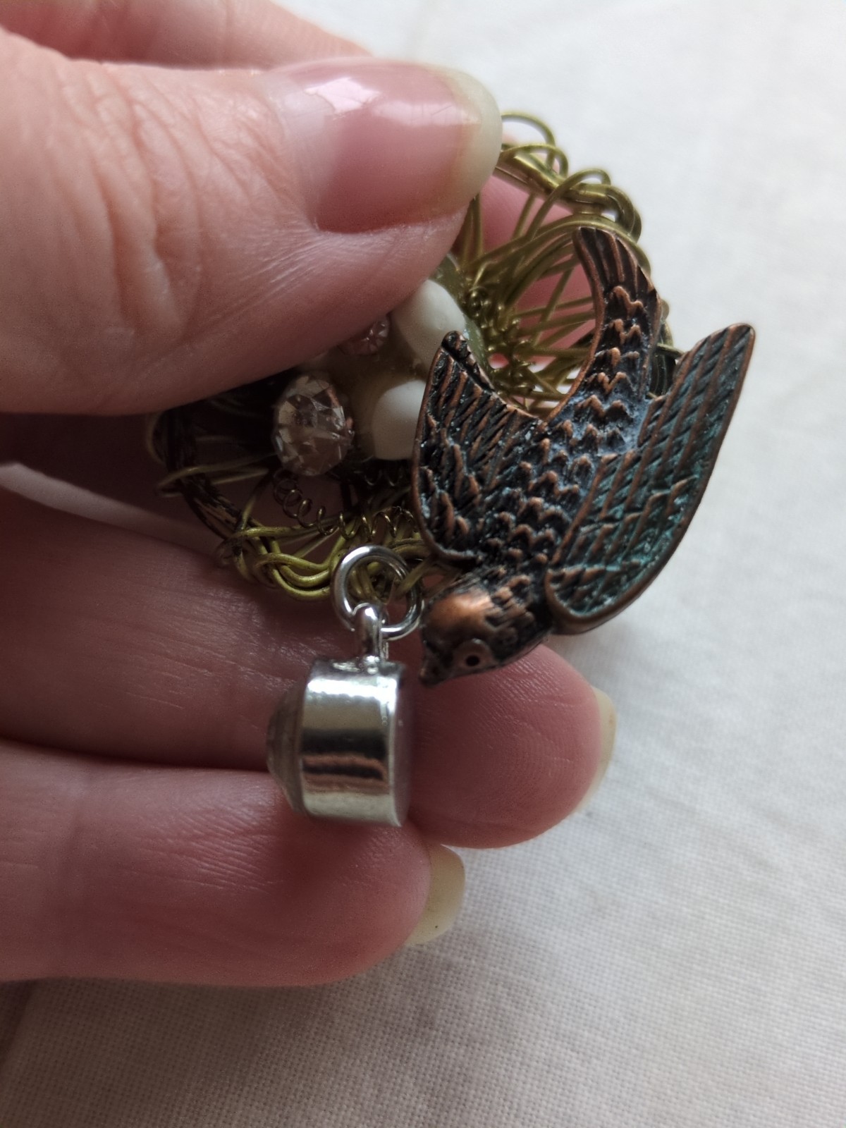 VTG Wirework Bird Nest W/Copper Bird, Eggs And Rhinestones Accents Pendant, 2″