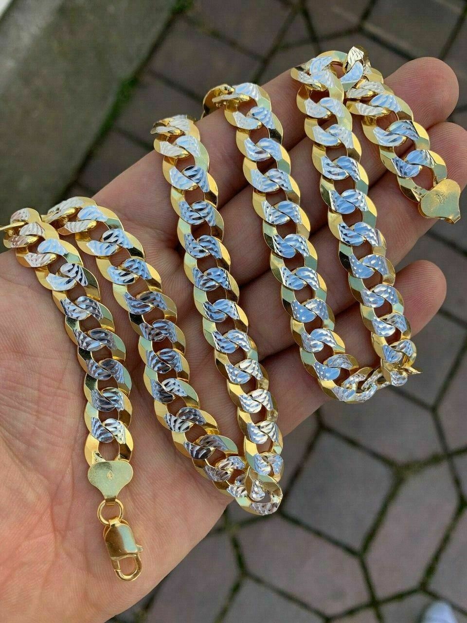 Mens Diamond Cut 11mm Miami Cuban Chain 14k Gold Plated Solid 925 Silver TwoTone