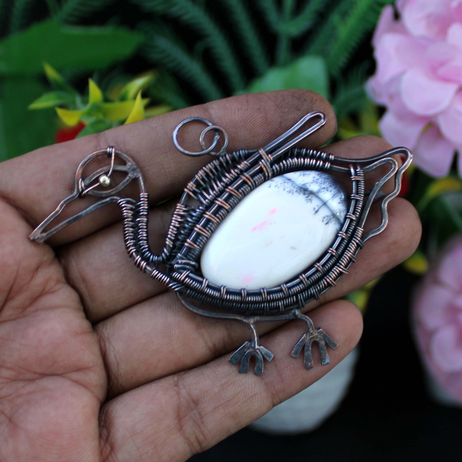 Dendrite Opal Gemstone Jewelry Mother Gift Copper Wire Wrapped Bird Pendant