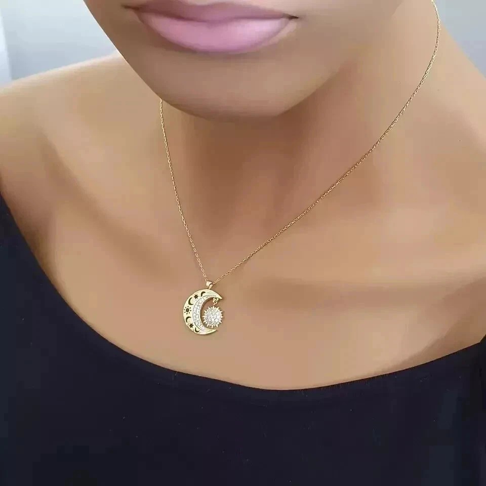 1.20Ct Round Cut Simulated Diamond Moon Sun Shape Pendant 14K Yellow Gold Plated