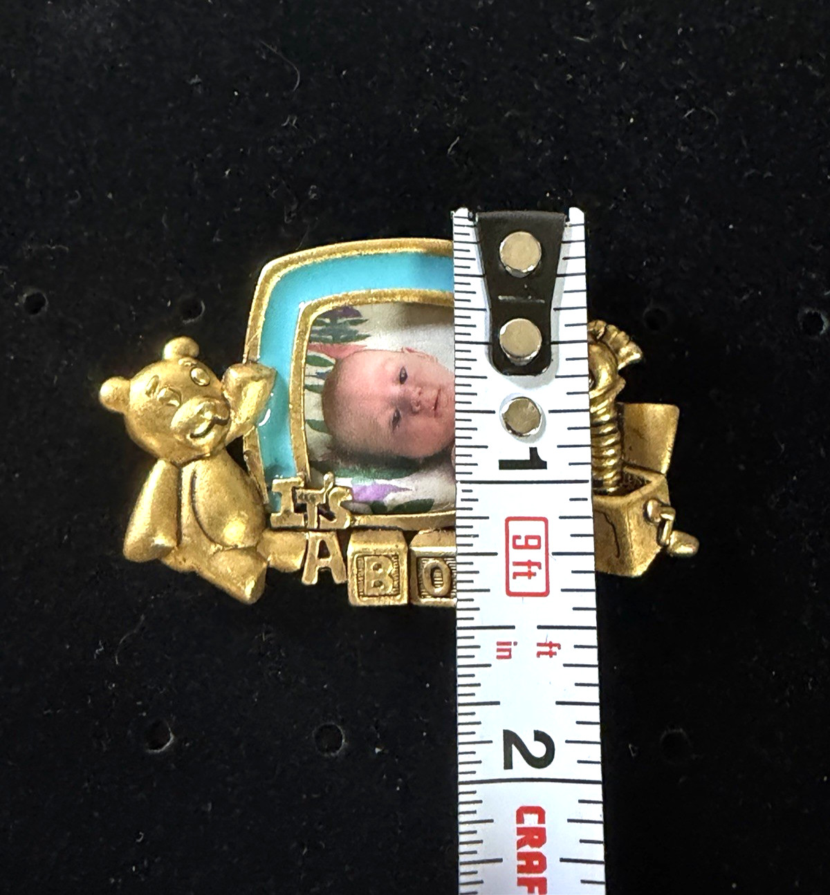 Vtg New DANECRAFT It’s A Boy Birth Photo SIGNED Brooch Pin Antique Gold Plate 2″