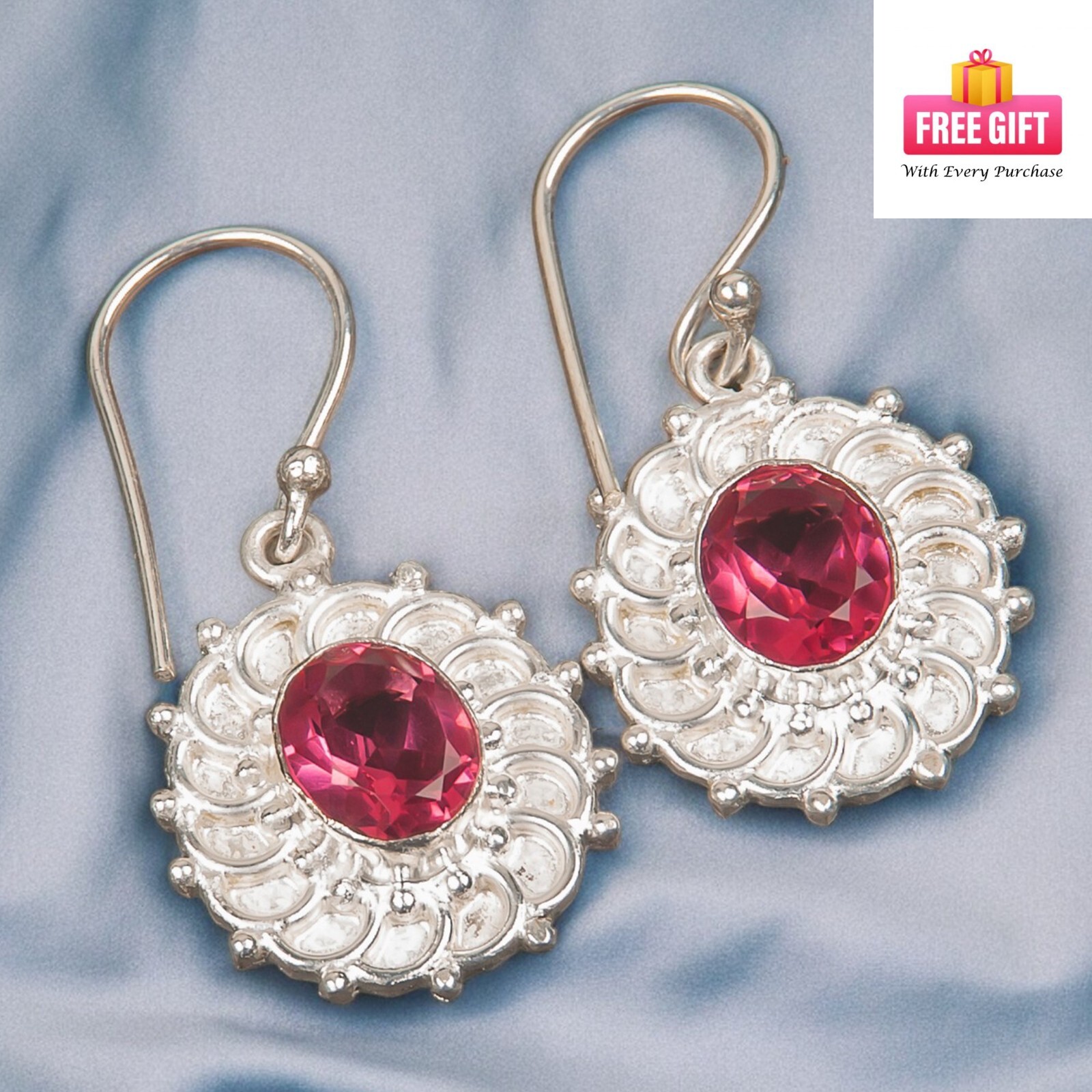 Natural Pink Tourmaline Gemstone Dangle Earrings 925 Sterling Silver Jewelry BH