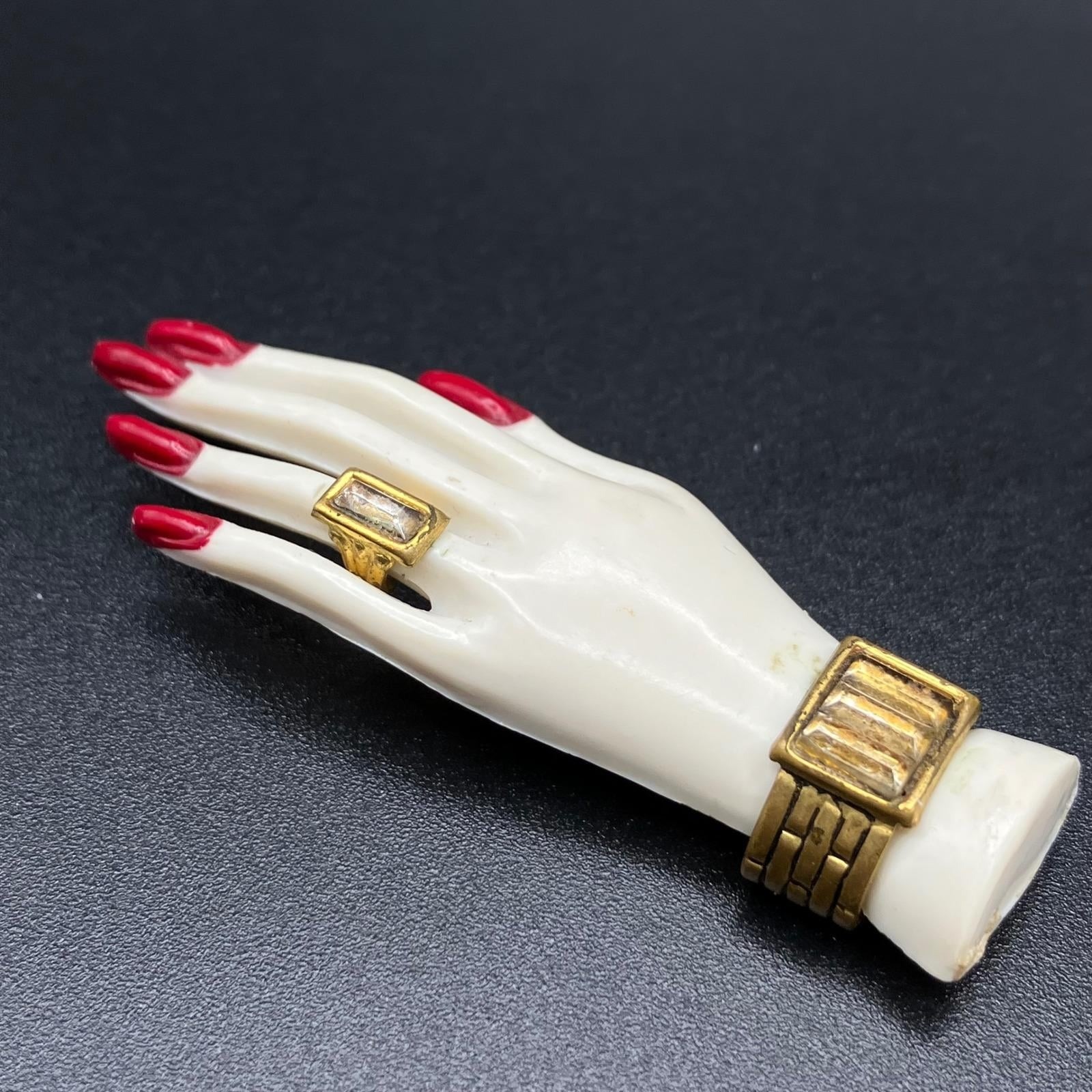 Vintage Hand Brooch White Plastic Figural Pin Gold Ring Bracelet Red Nails MCM