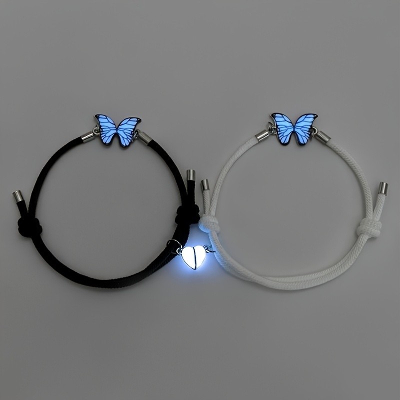 2pcs Couple Magnetic Blue Luminous ButterflyCharm Bracelet Glow In The Dark