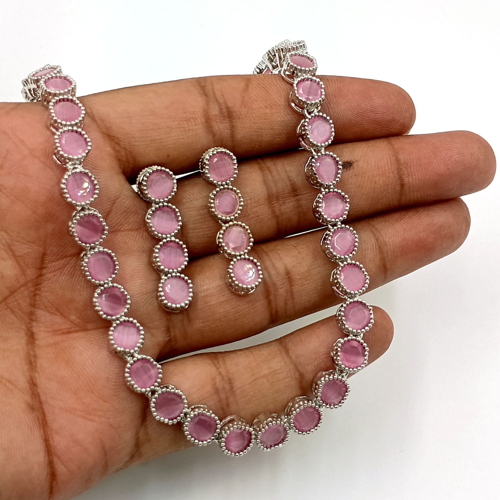 Rose Quartz Round Stone South Indian Necklace Set 22K Gold Plated Ethnic Jewelry