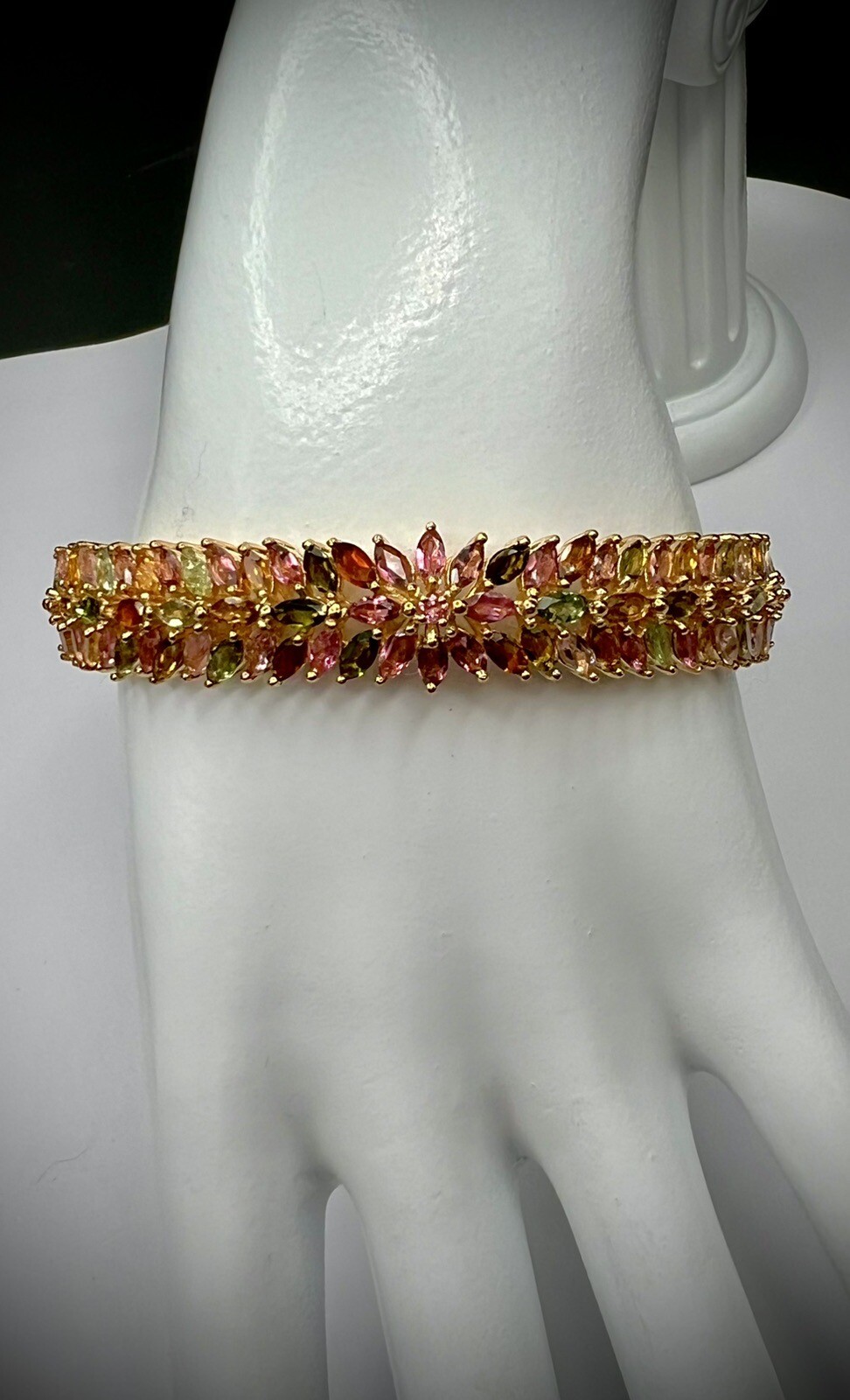 Multi-Tourmaline Bangle Bracelet in Yellow Gold Over Sterling Silver 6.50 In NEW