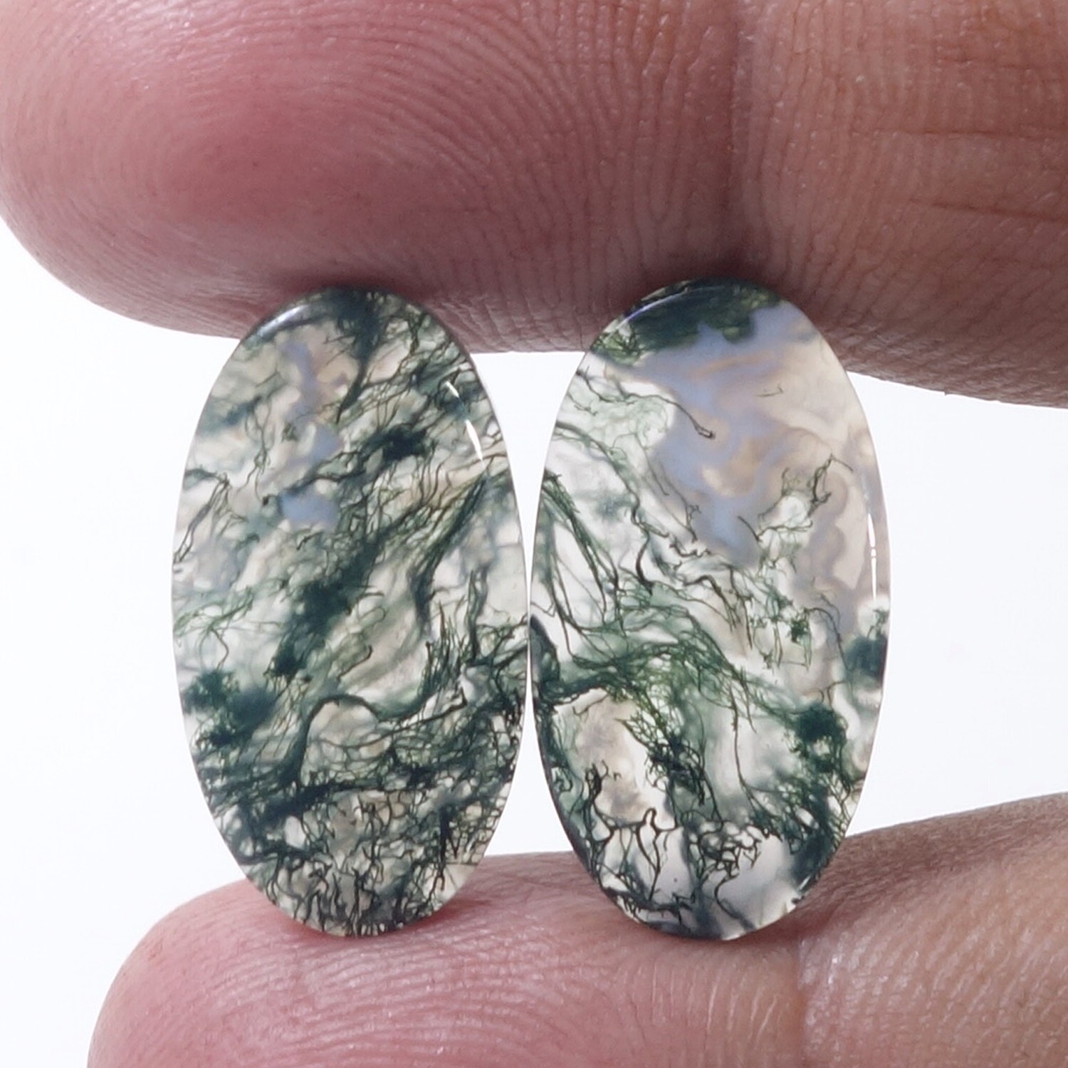 13.90 Cts Natural Green Moss Agate Gemstone Fancy Earrings Cabochon Matched Pair