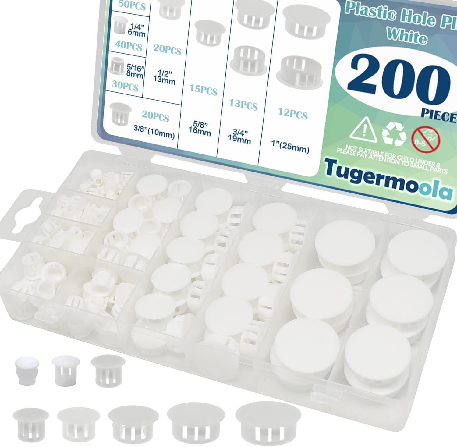 200PCS 8 Sizes Plastic White Hole Plugs for round Holes – 1/5″ 1/4″ 5/16″ 3/8″ 1