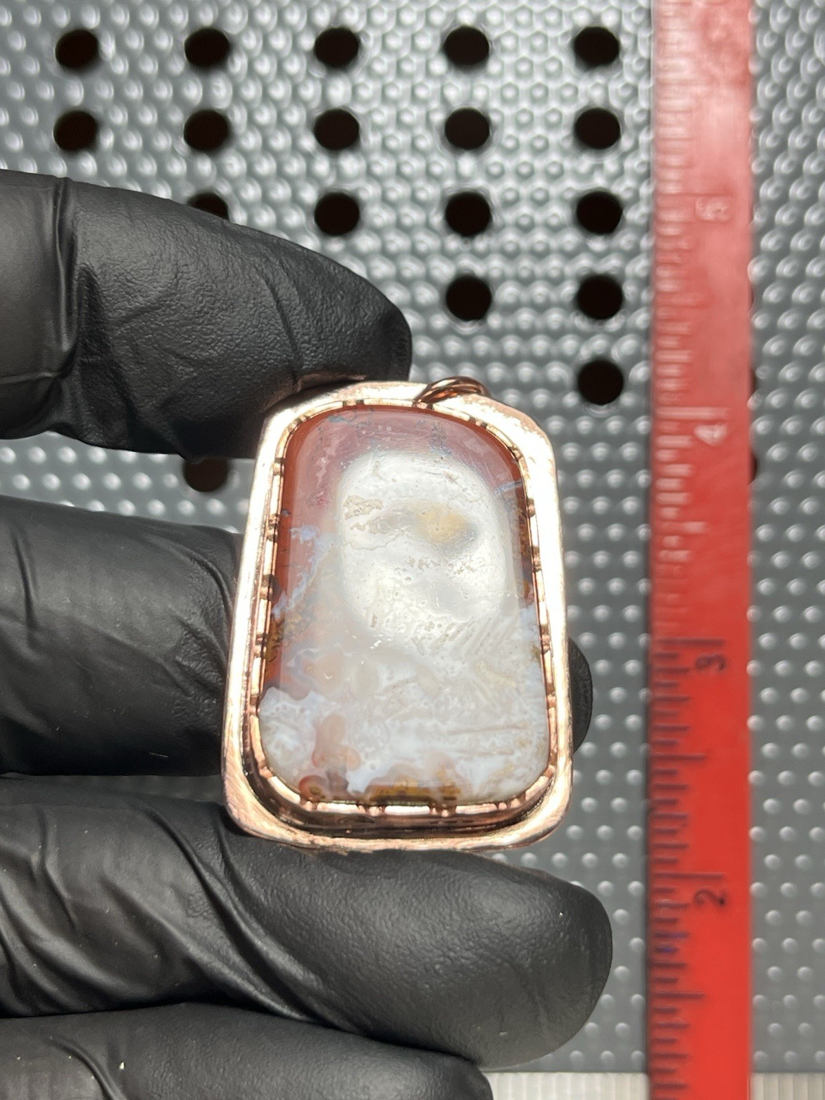 Red And White Moroccan Agate Hand Formed In Copper. Pendant Number 159