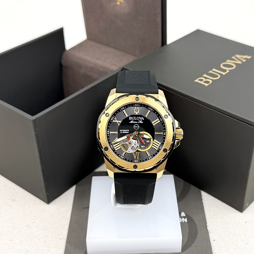 Bulova Men’s Marine Star Black Gold Dial Rubber Strap Automatic Watch 98A272