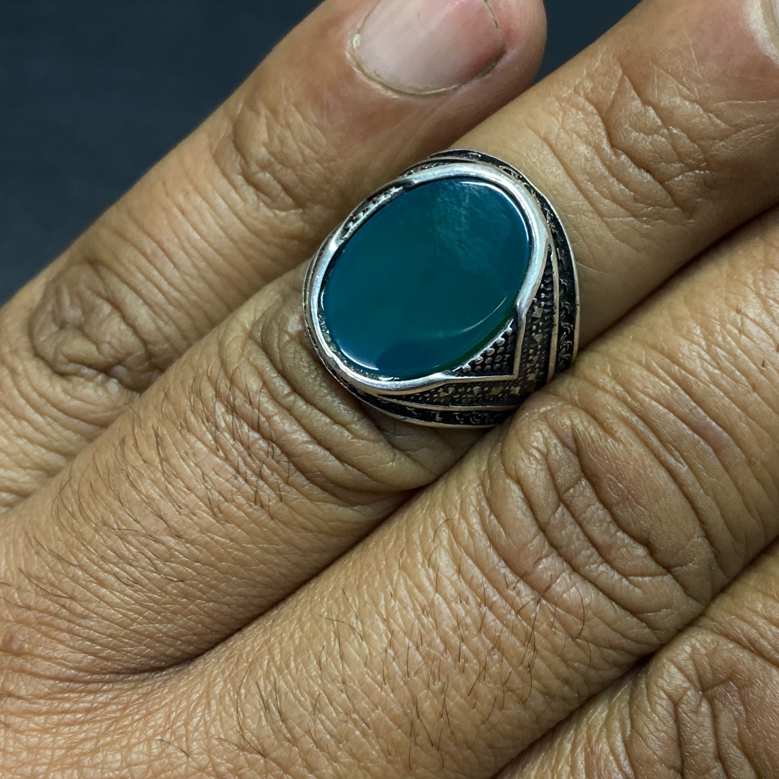 AAA 925 sterling silver ring natural flate green agate aqeeq akik stone all size