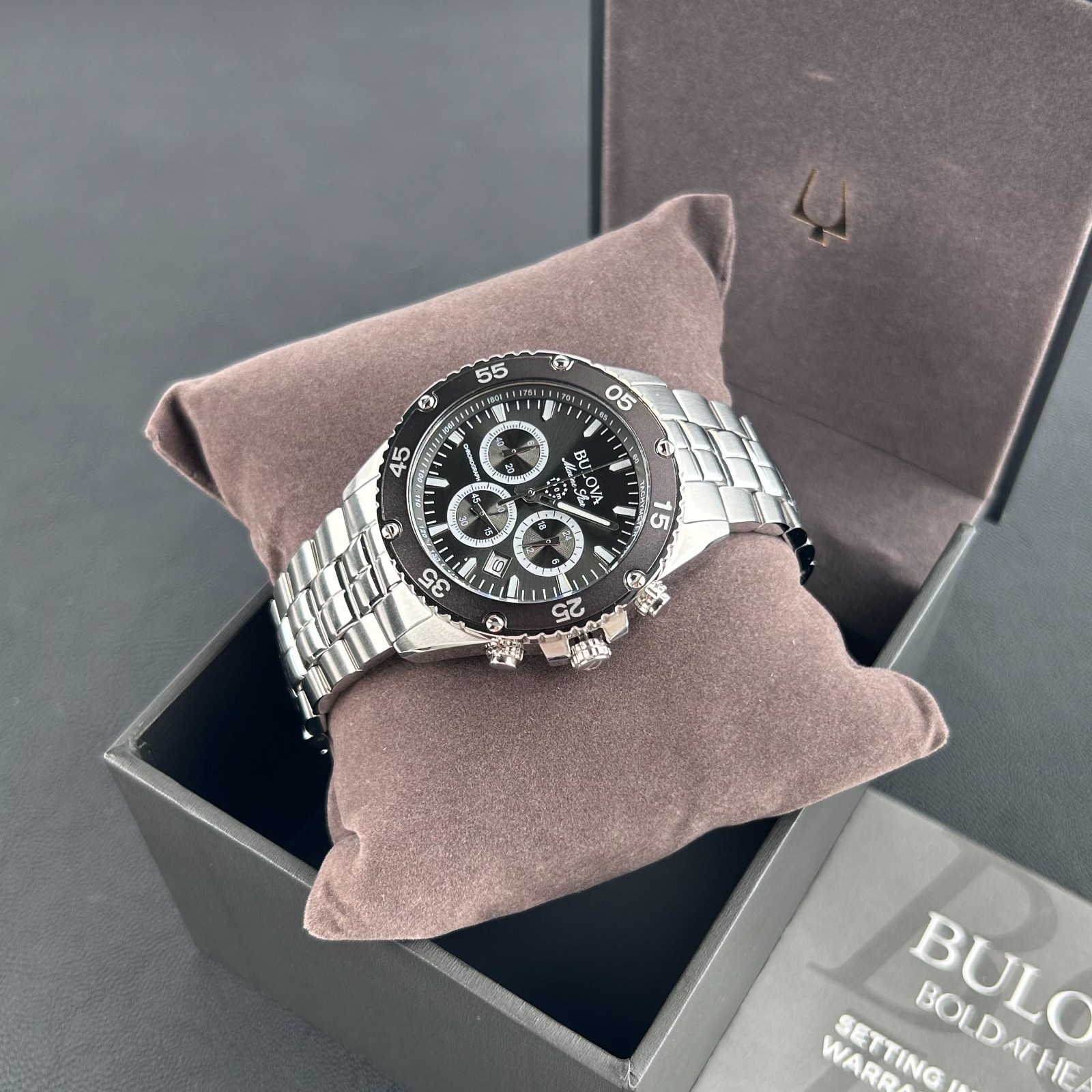 Bulova Classic Men’s Marine Star 98B401 Black Dial Chronograph Quartz Watch 41.5