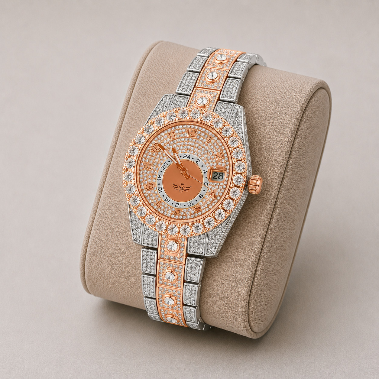 Men’s Two Tone Rose Gold Silver Bling Watch CZ Crystal Bezel Quartz Date 40mm