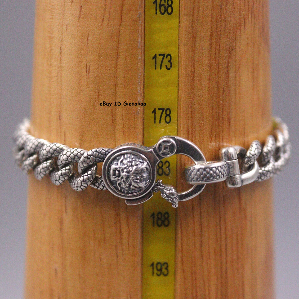 Solid 925 Sterling Silver Chain 9mm Dragon Scale Curb Link Bracelet 34-35g 7.9in