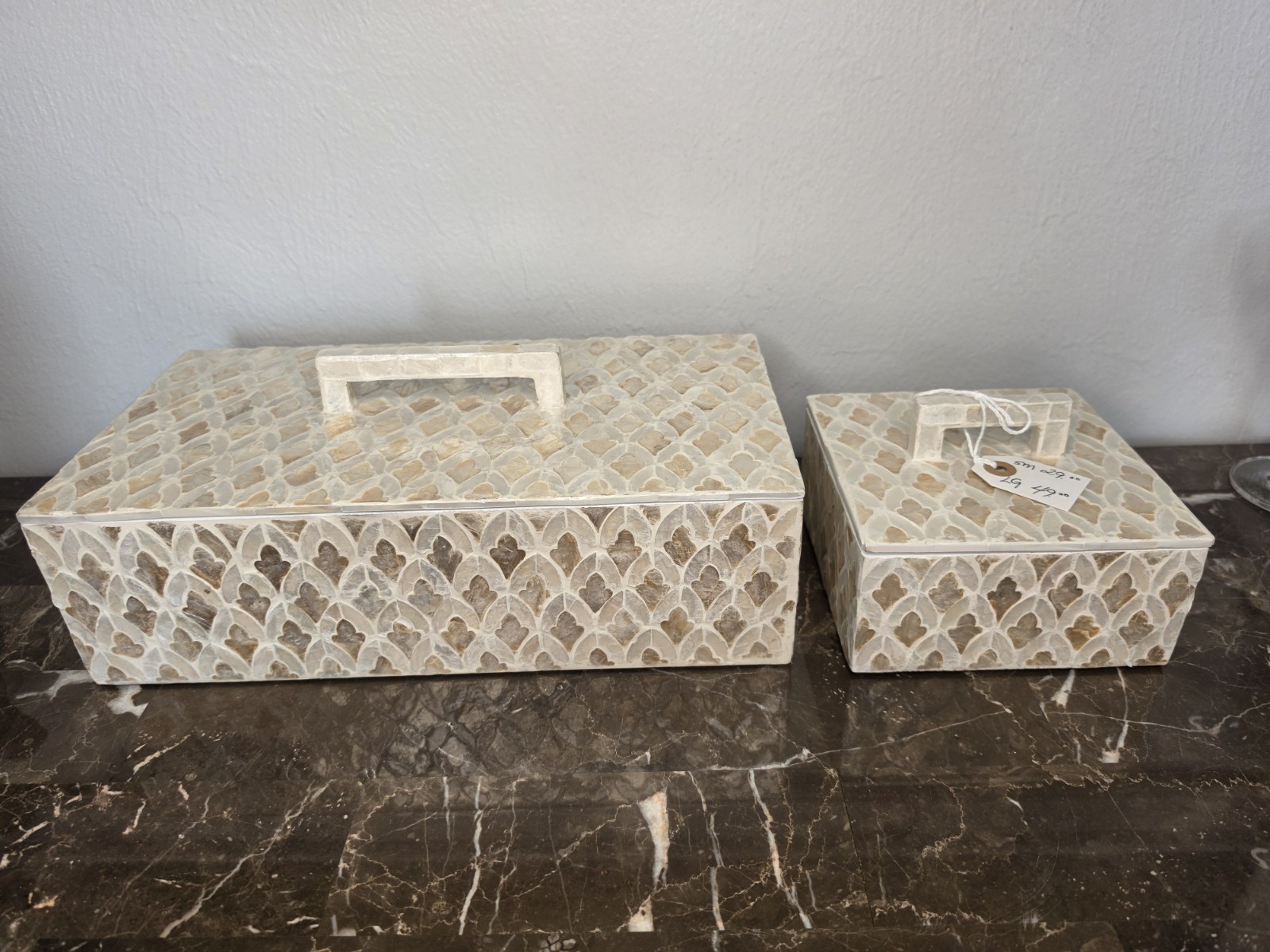 2 Moroccan Style Jewelry Bathroom Box Mother of Pearl Inlay Bone Vintage