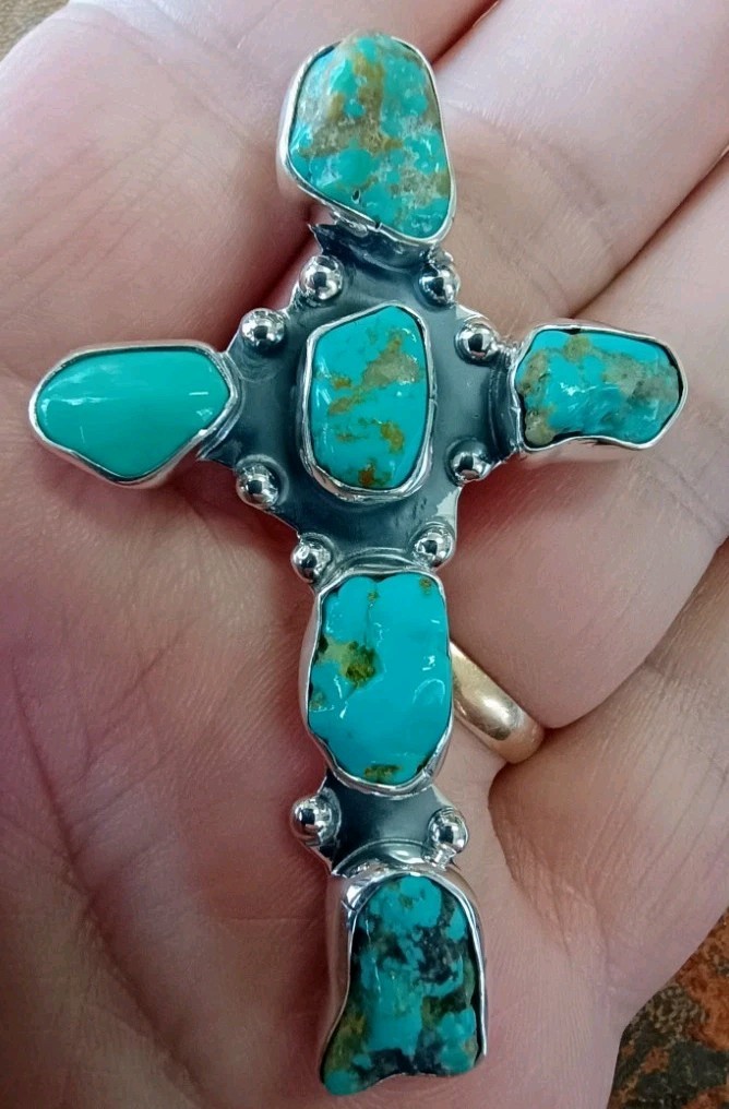 Taxco Mexico Campitos Turquiose Nuggets & 925 Sterling Silver Cross Pendant NEW