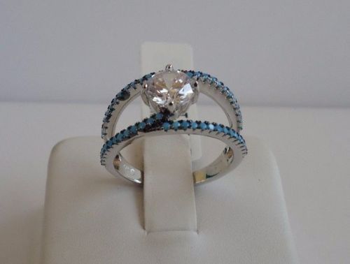 WEDDING RING 925 STERLING SILVER W/ LAB DIAMOND / TURQUOISE / SZ 5,6,7,8,9