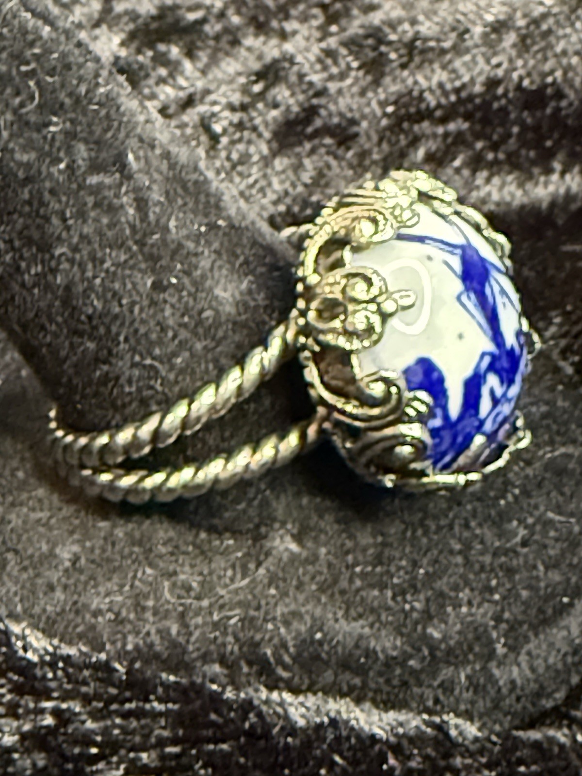 Silver Toned Adjustable Ring Blue Delft Style Windmill