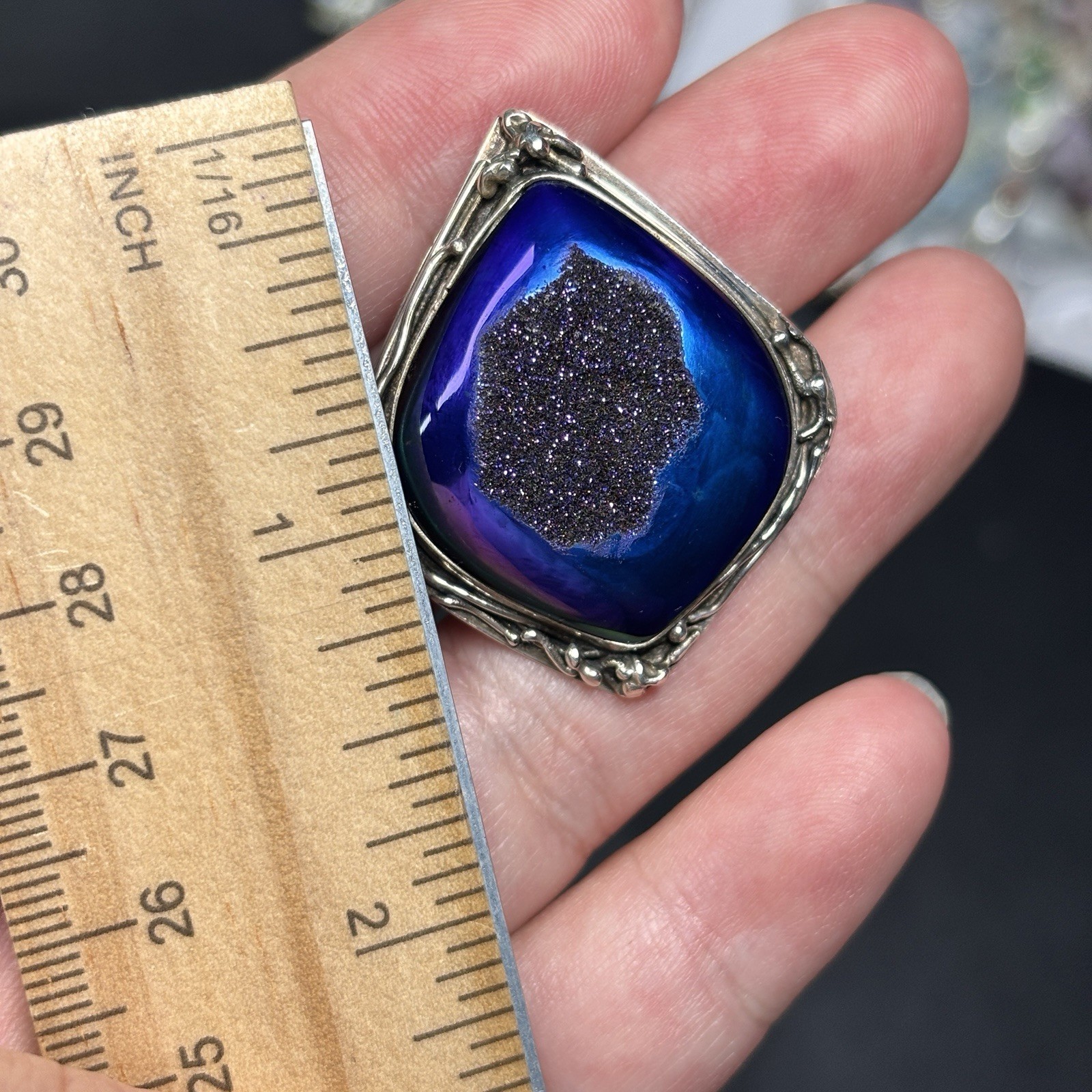 Vintage Sterling Silver Blue Druzy Agate Pendant Studio Artisan
