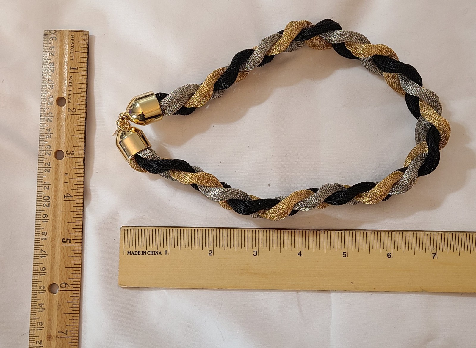 Black/Silver/Gold Braided Statement Necklace 14″ Chocker Collar Jewelry Gift EUC