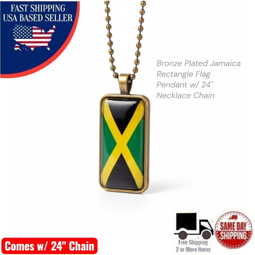 Bronze Plated Jamaica Rectangle Flag Pendant w/ 24″ Beaded Necklace Chain
