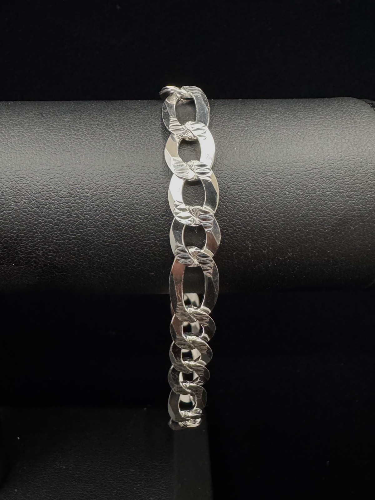 8mm Italian Figaro Pave Diamond Cut Link Chain Bracelet Real Sterling Silver 925