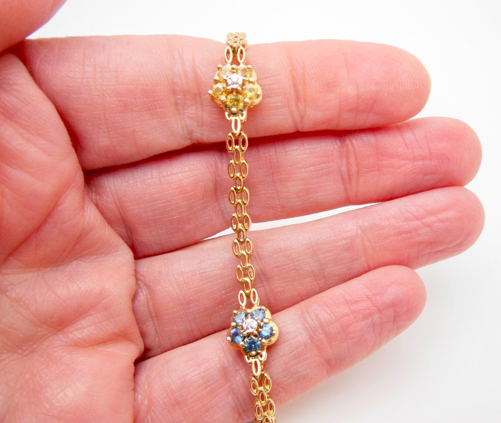 14K Blue and Yellow Gemstone Diamond Flower Link Tennis 7″ Bracelet 6g