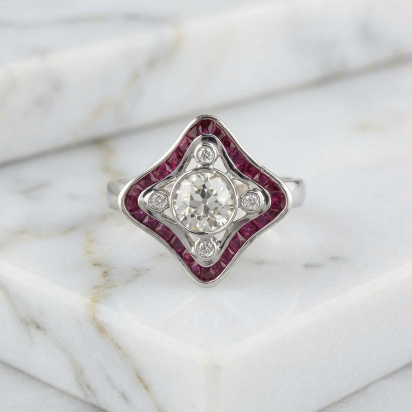 14K Gold Art Deco Ruby & Old European Cut Simulated Diamond Wedding Ring For Her