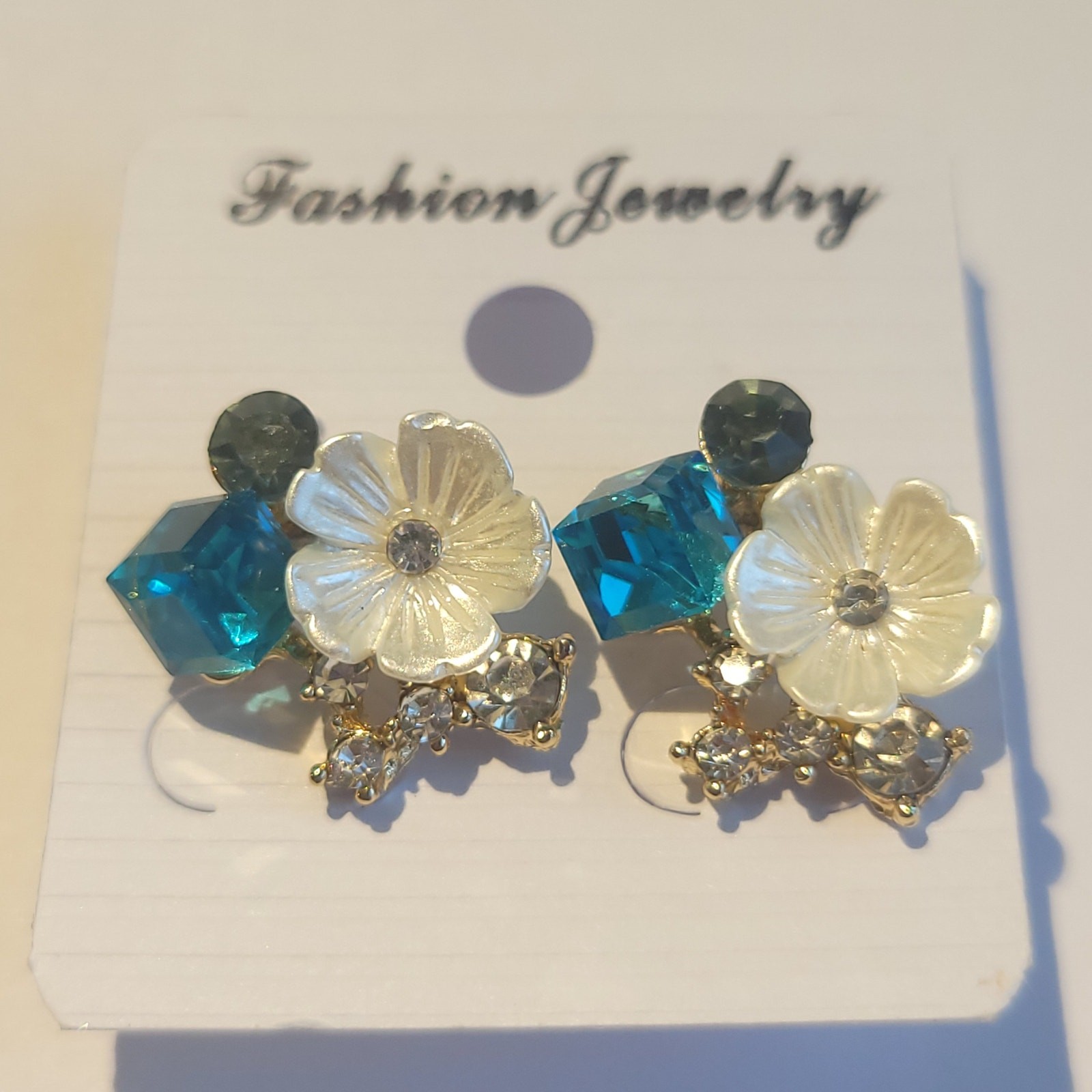 Flower Earring Teal Square Dark Green Rhinestone Jewelry Elegant Stud Gift Bag