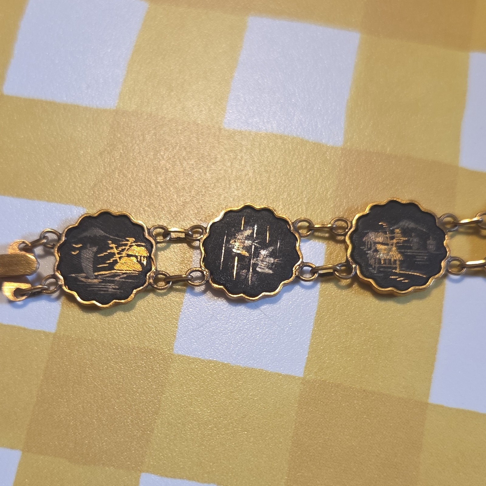 Japanese Scenic Damascene Bracelet Gold & Silver on Brass Medallions Links