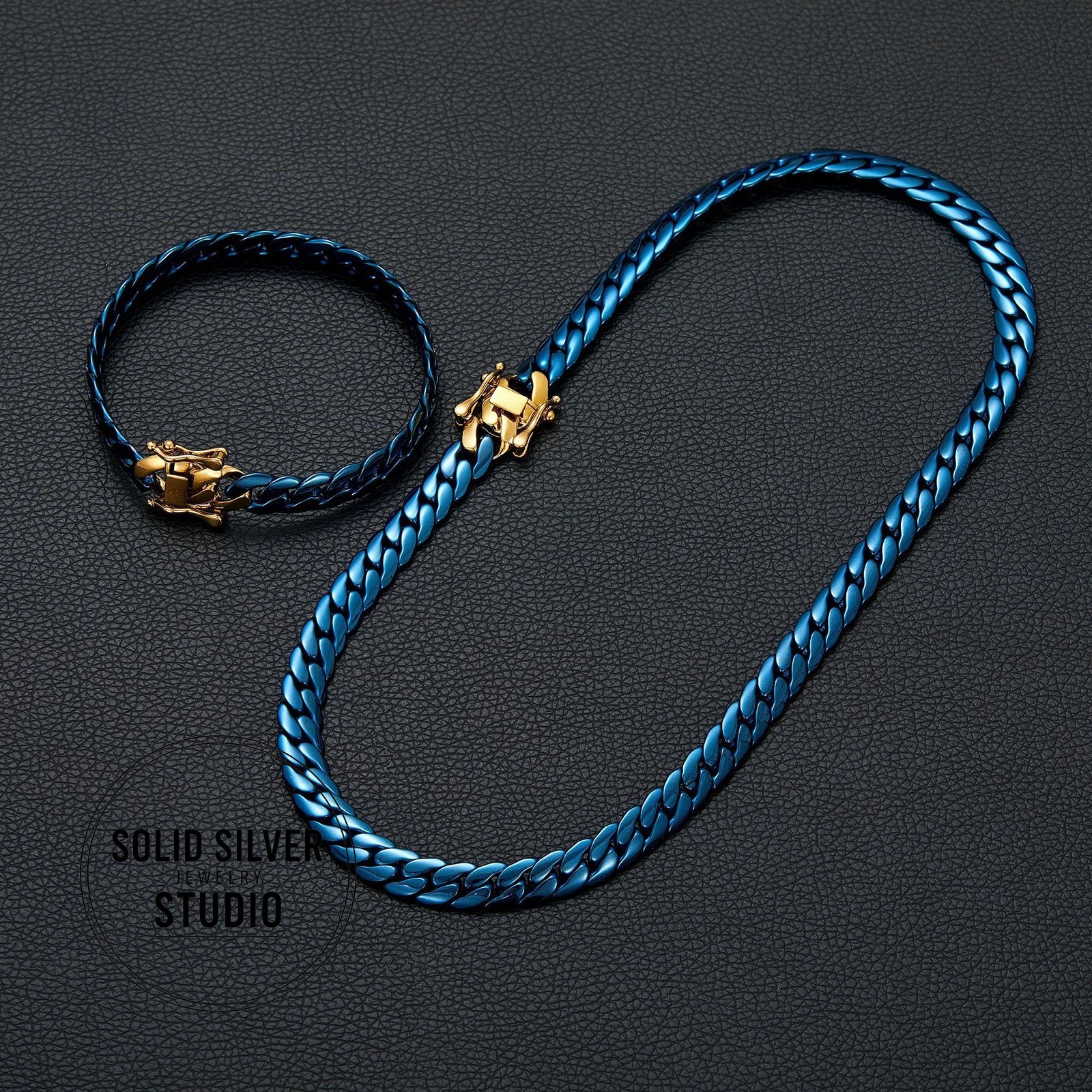 Blue & Gold Cuban Link Necklace or Bracelet Stainless Steel Chain Men’s Gift