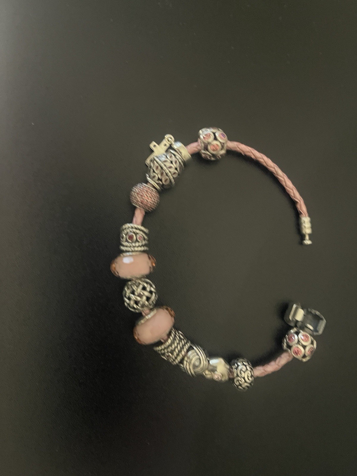 Adjustable Pink Cord Drawstring Charm Bracelet w/ Silver Beads & Cross