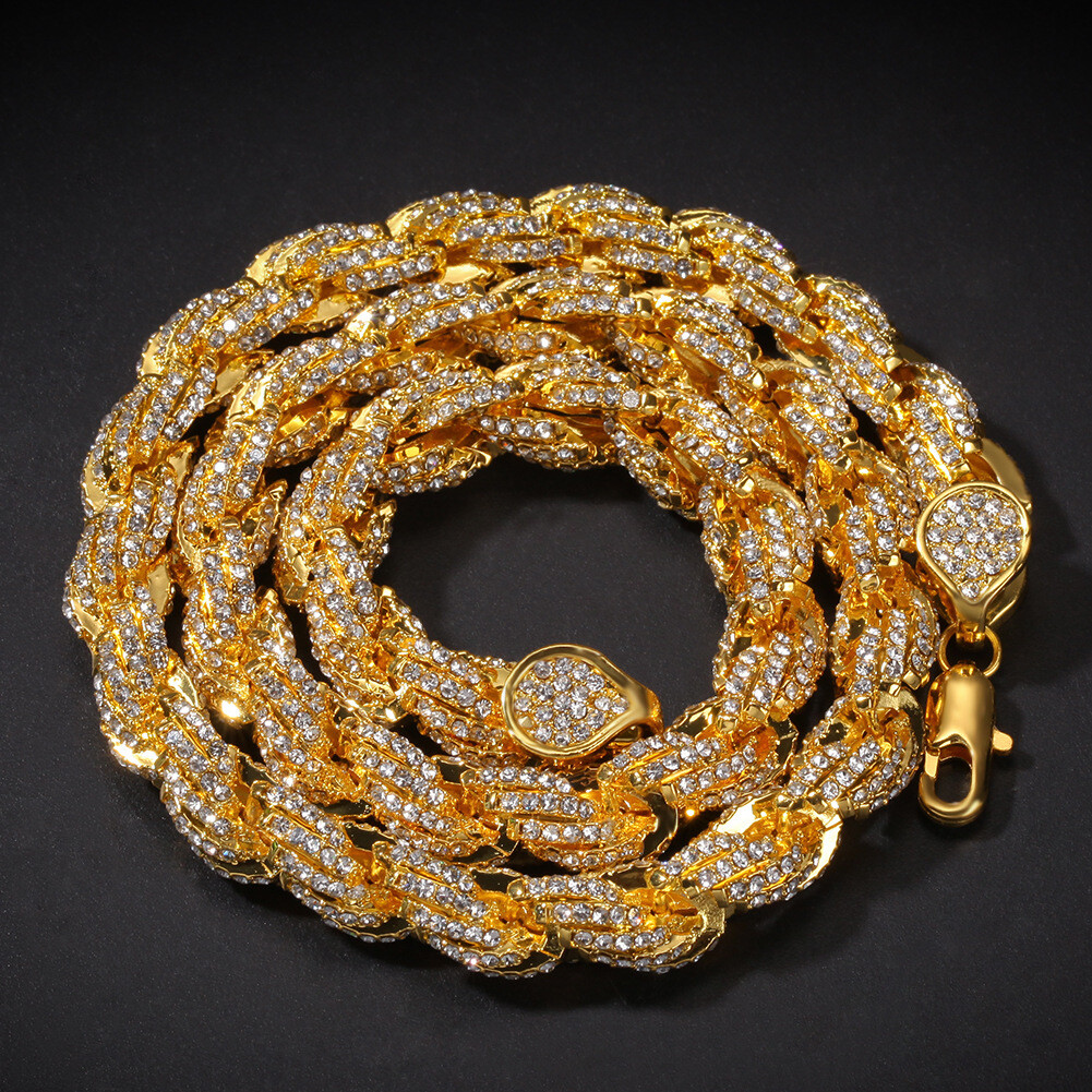 9mm White Gold Plated Iced Out CZ Rope Chain Bracelet Necklace Hip Hop Jewelry