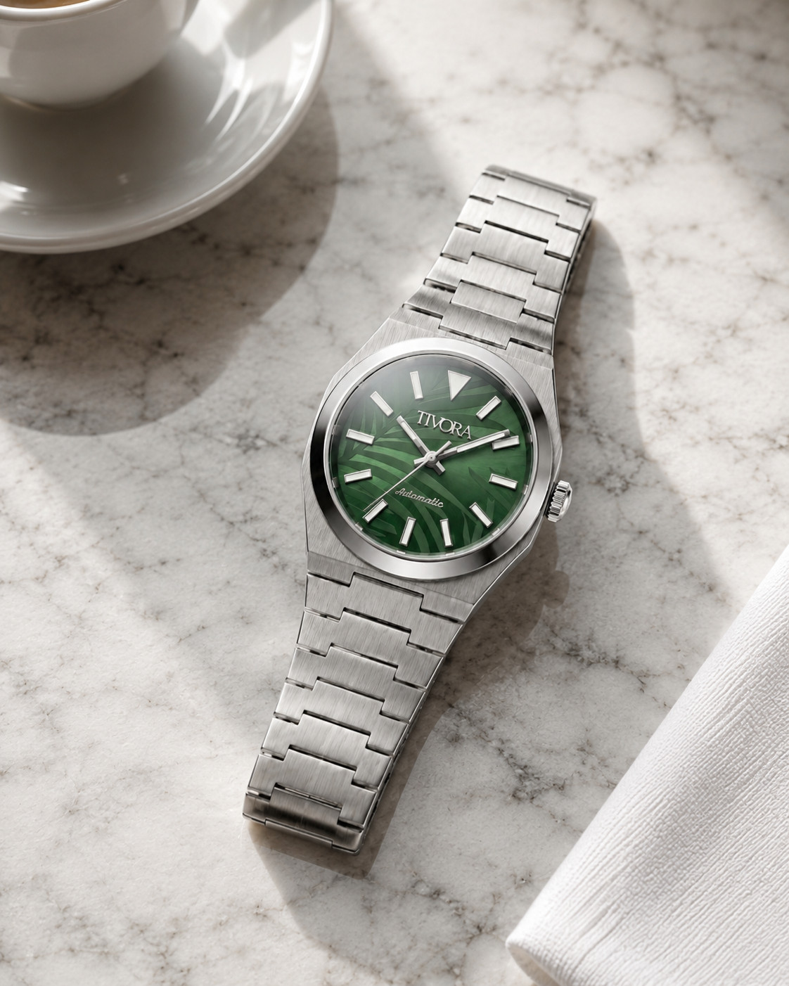TÍVORÁ Échelon Argent Steel Palm Dial – Custom Branded Automatic Watch