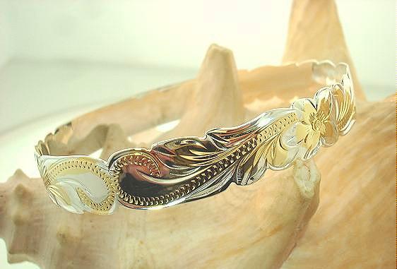 10MM BL 2T YELLOW GOLD PLATED 925 STER SILVER HAWAIIAN HERITAGE SCROLLS BANGLE
