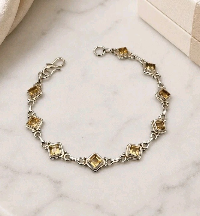 925 Sterling Silver Citrine Link Bracelet Geometric Square Princess Cut 8.25in