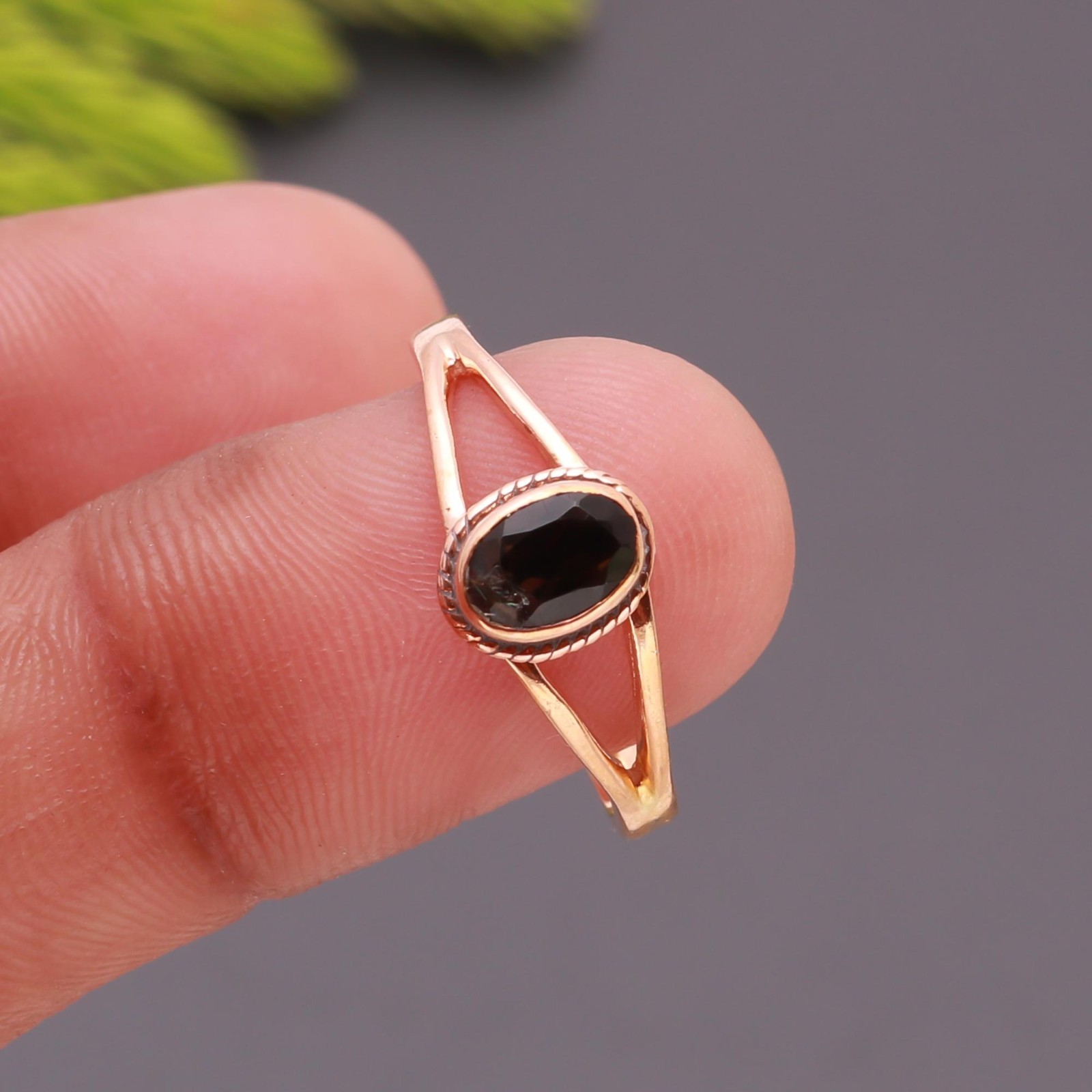 Natural Black Onyx Oval Shape Ring Rose Gold Fill 925 Sterling Silver Jewelry