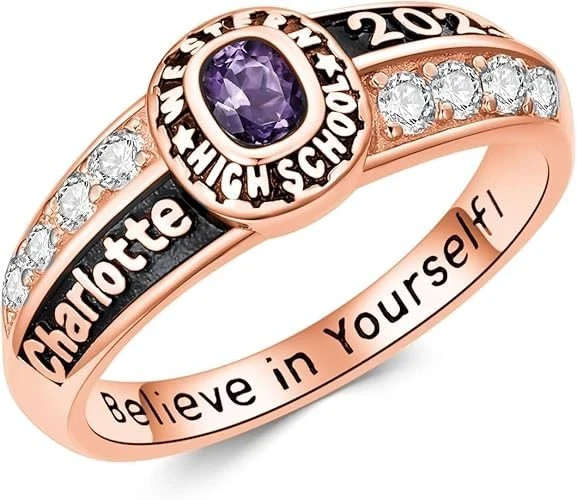 High School Class Ring For Women Custom Gemstone, University Name Inner Engraved