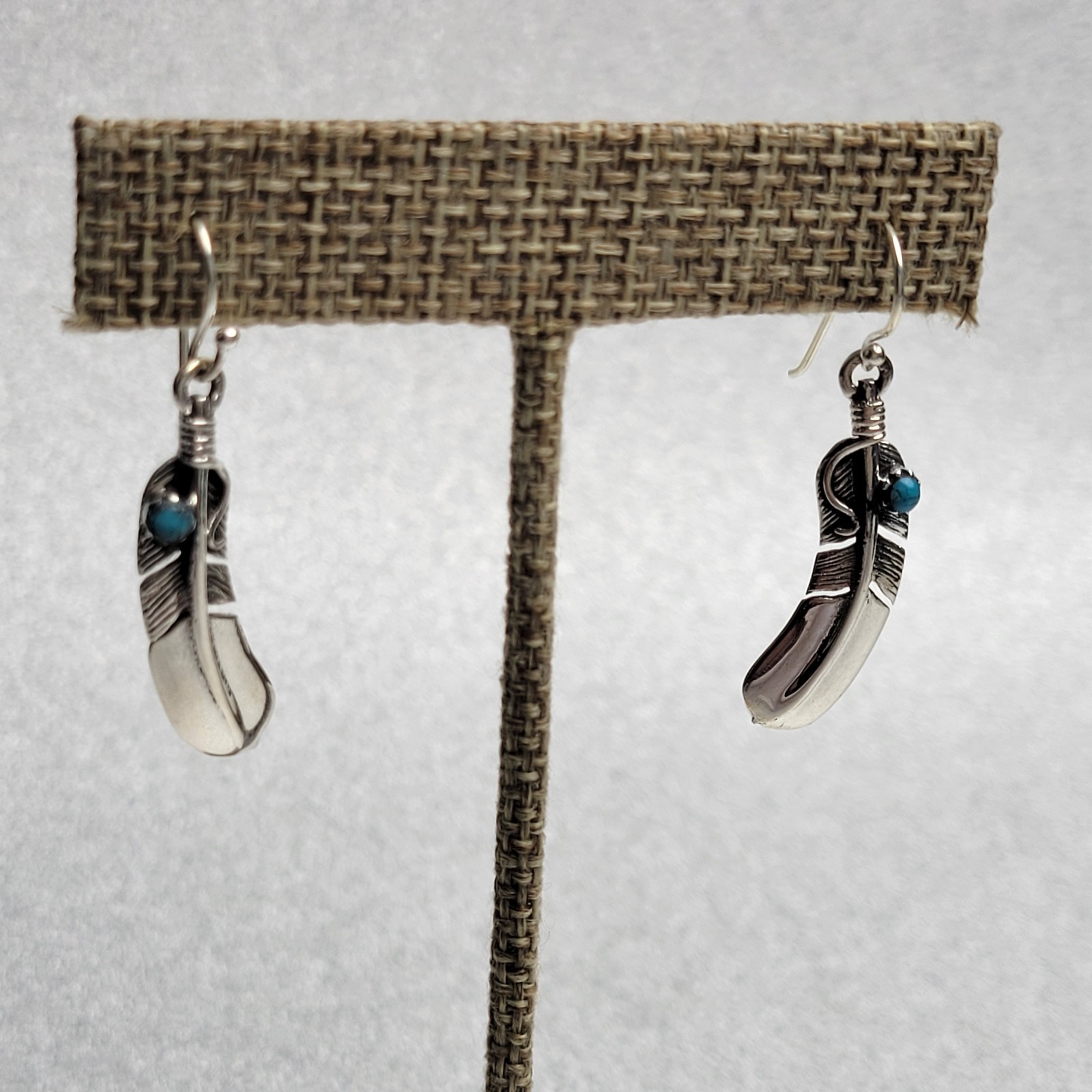925 Sterling Silver with Turquoise Feather-Shaped Earrings. Artisan-Made