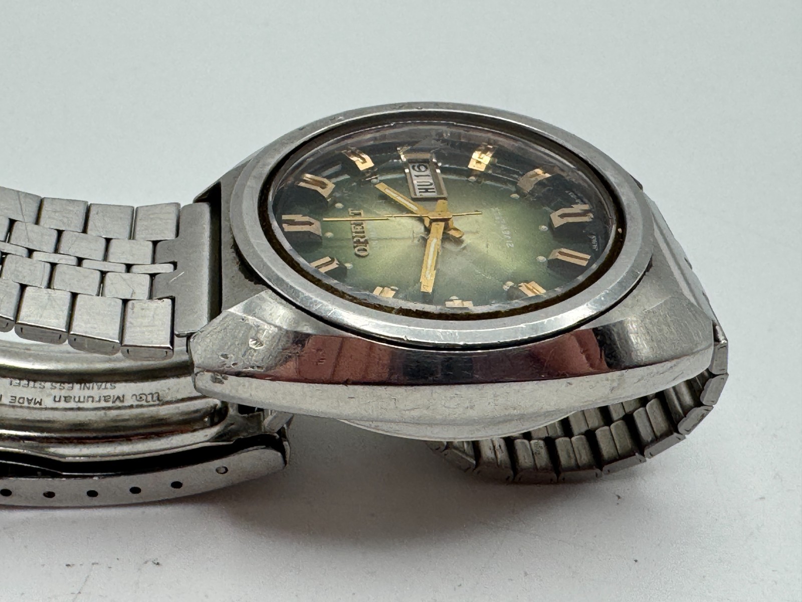 Vintage Men’s ORIENT Automatic 21 Jewels 149-10560 Silver Tone Day Date Watch