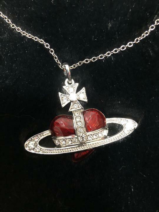 Vivienne Westwood Red Diamante Heart Necklace Silver Near Mint
