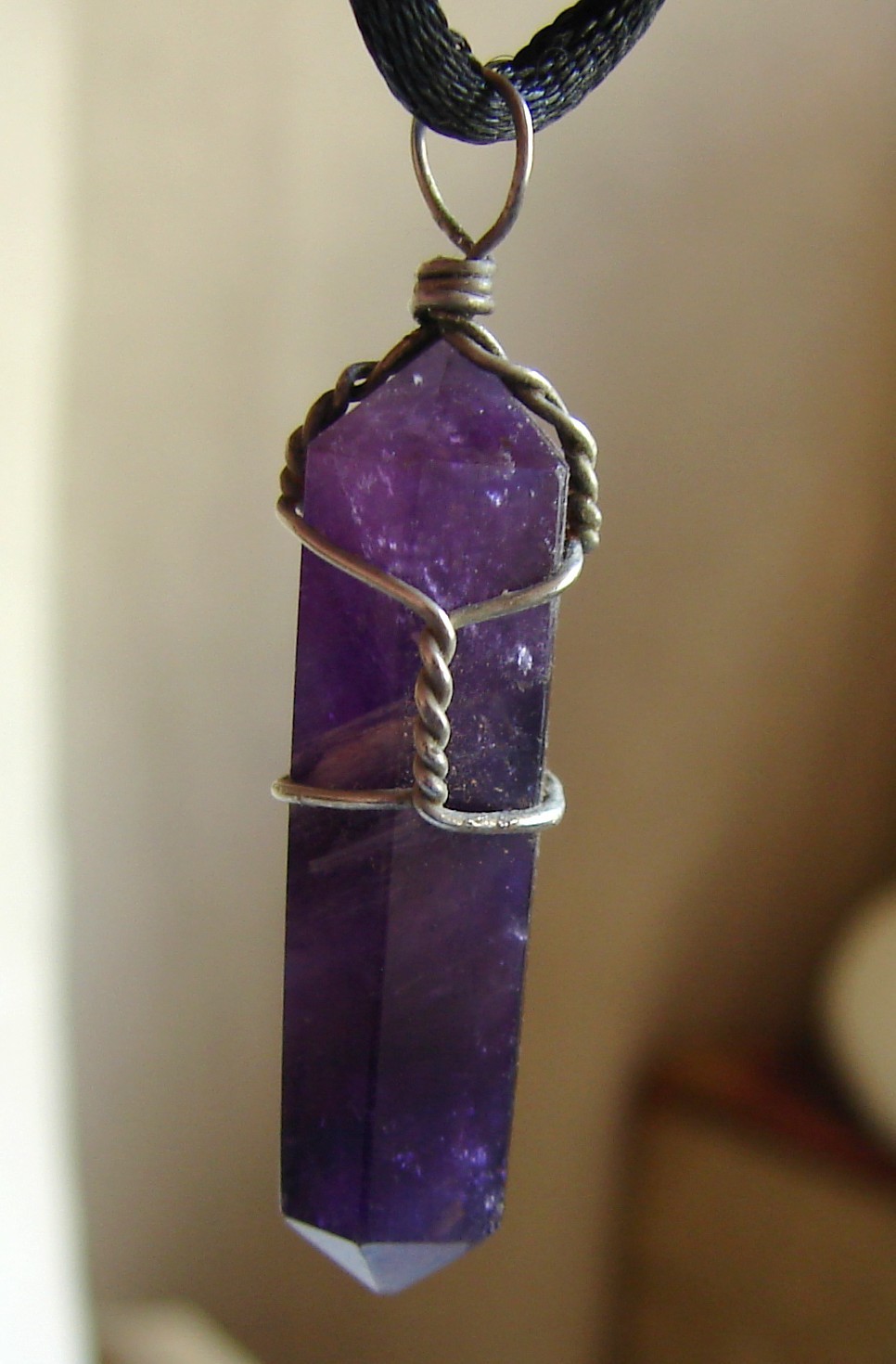 Artisan-Made Wire Wrapped Amethyst Point Pillar NECKLACE, Dark Purple, 26″ E39