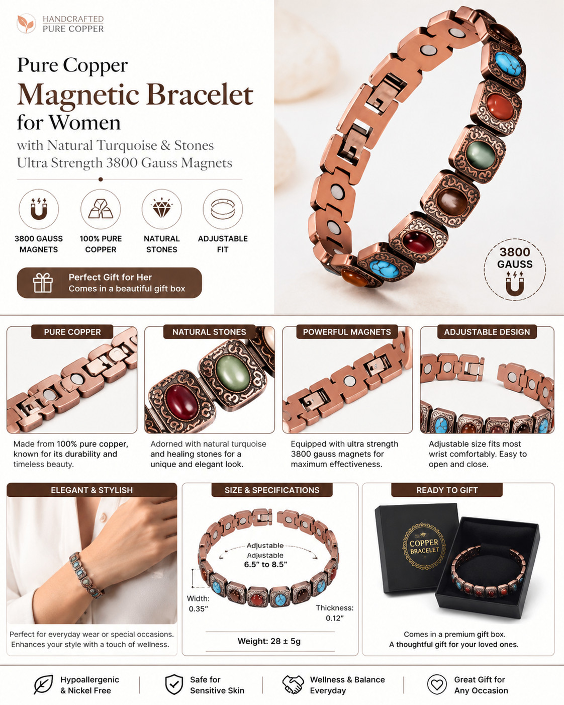 99.99% Pure Copper Magnetic Bracelet Women Adjustable Natural Stone Gift