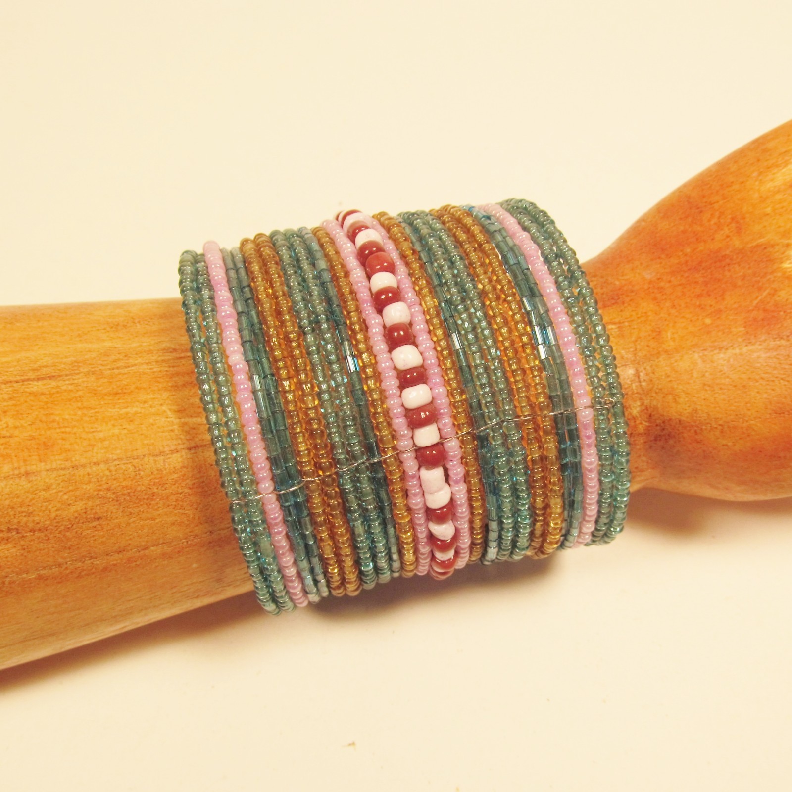 2″ Wide Aqua Pink Color Bling Handmade Boho Beaded Bali Cuff Statement Bracelet