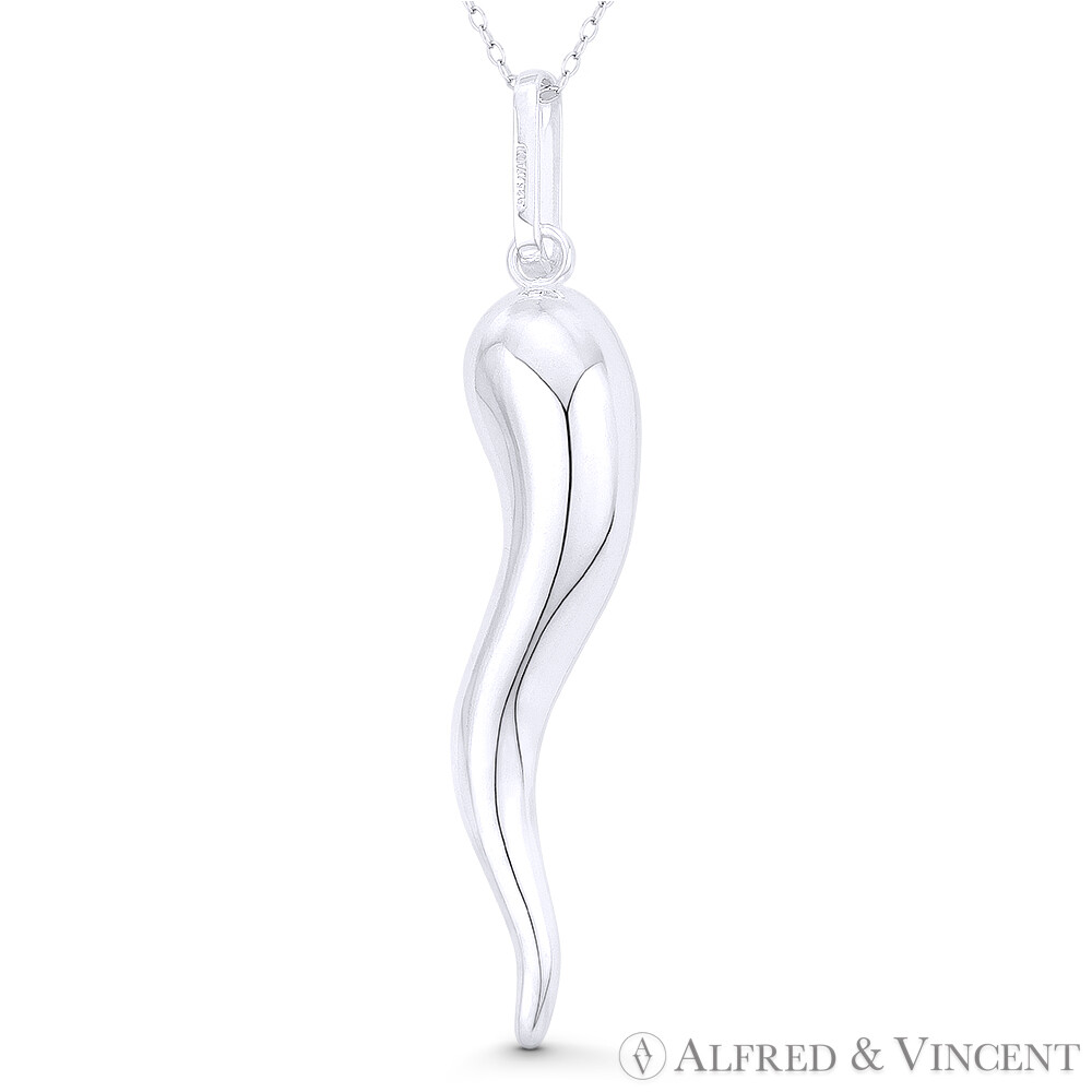 Italian Horn Corno Evil Eye Luck Charm .925 Sterling Silver 72mm (2.8in) Pendant