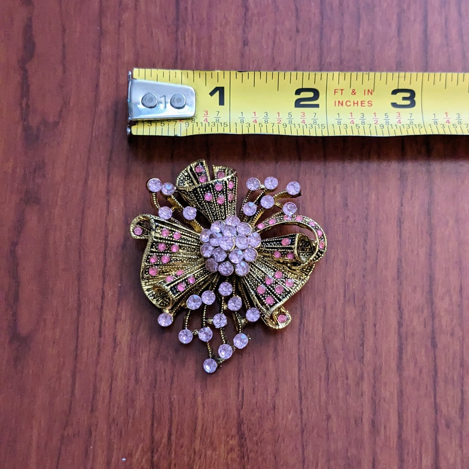 Vintage Brooch 2″ x 2.25″ Gold-Tone Metal Lavender Pink Rhinestones Elegant Pin