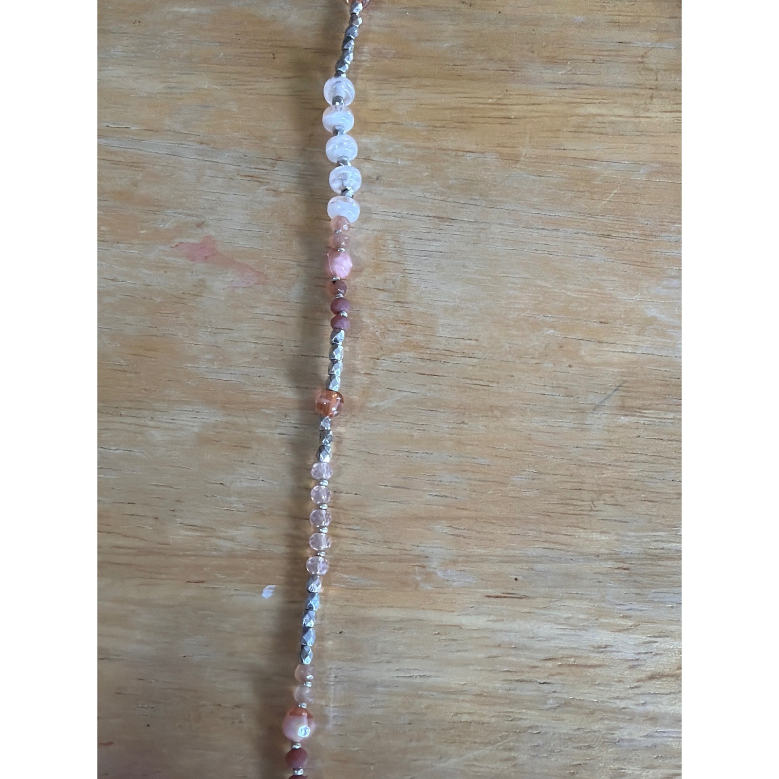 Bohemian Pink Peach Stone Beaded Long Strand Necklace Silver Accents