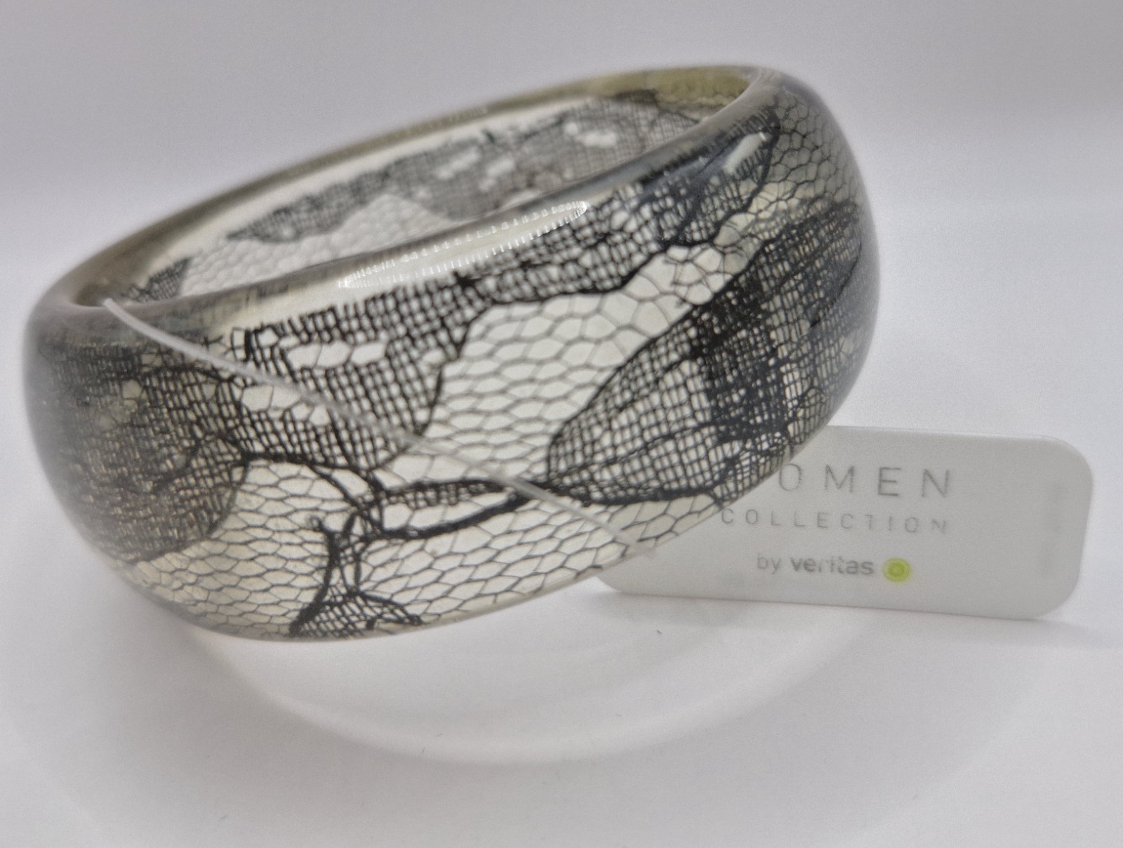 Veritas Women Collection Clear Black Floral Design Wide Bangle Bracelet NWT